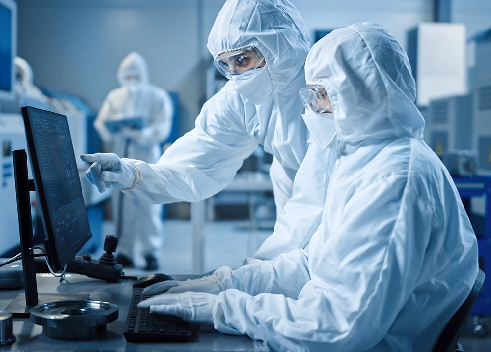 Scientist in debris protection in cleanroom